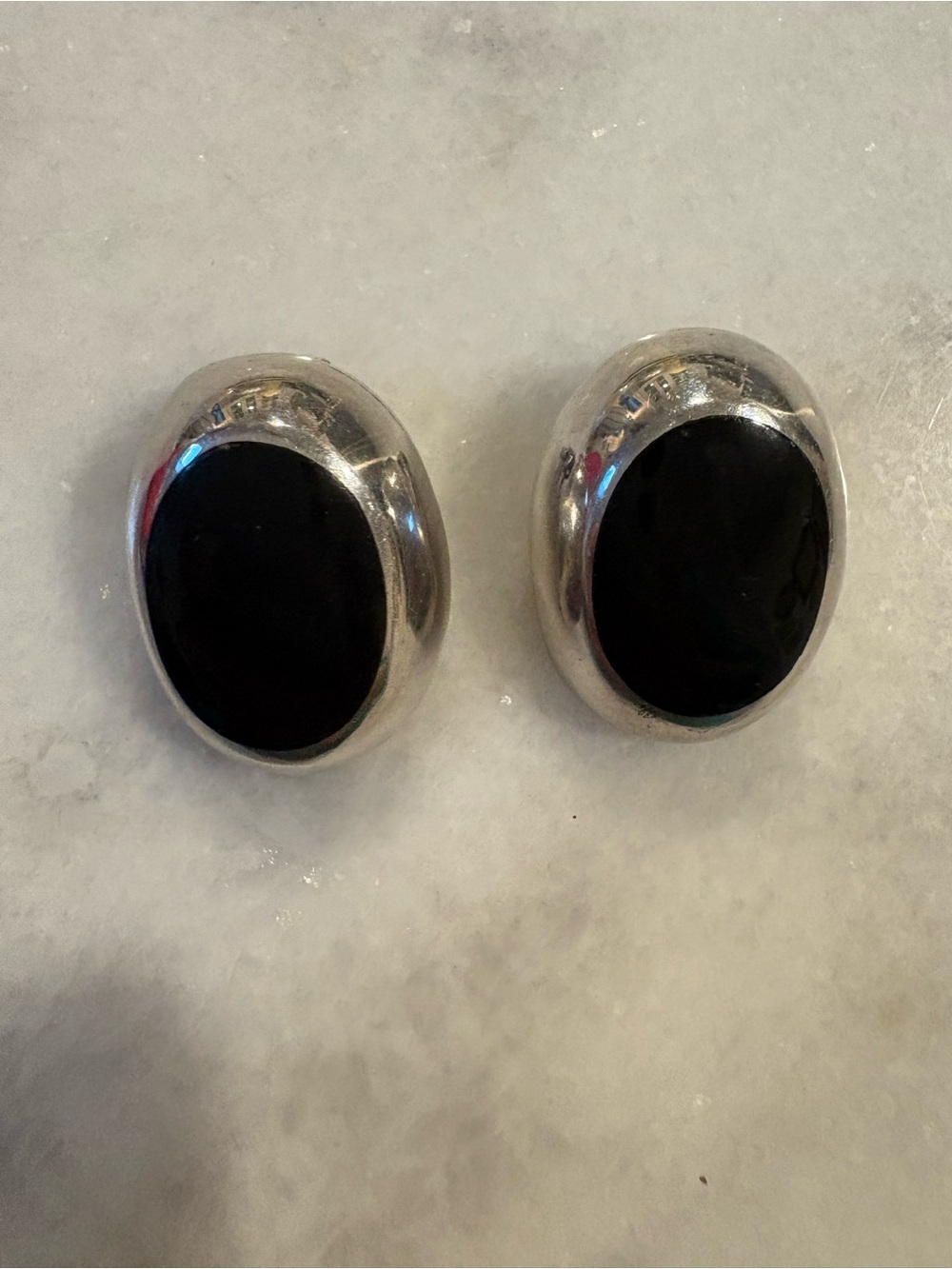 Vintage Taxco Large Sterling Silver Black Onyx Oval Clip-On Earrings